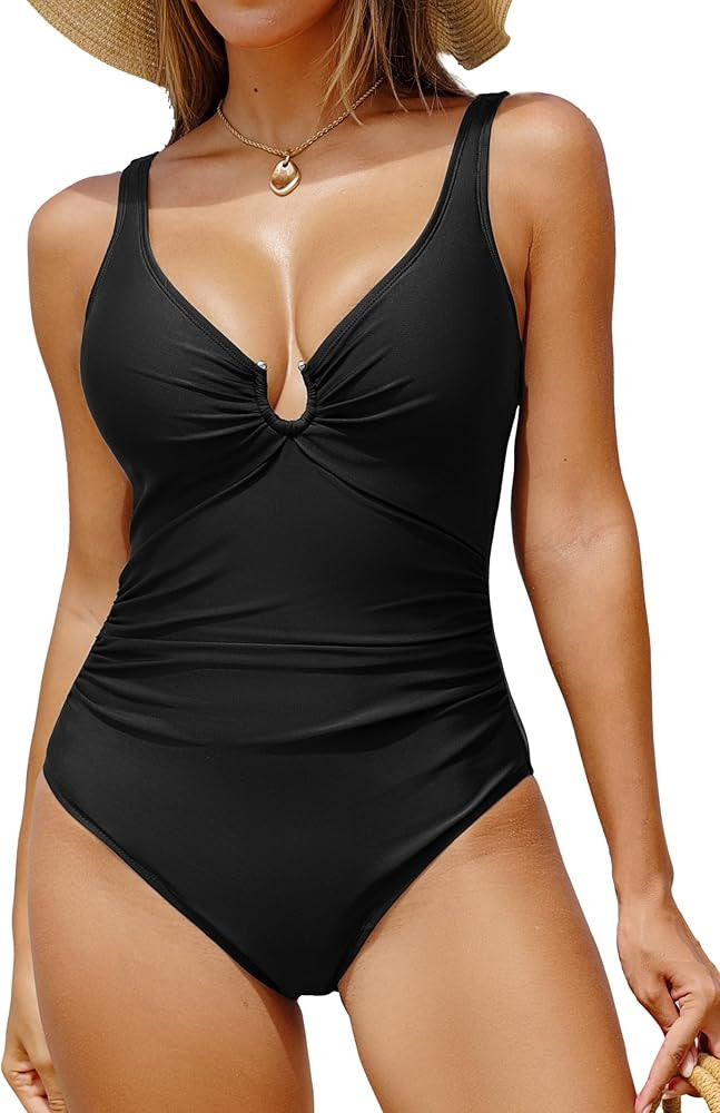 Smismivo Women's Tummy Control One Piece Swimsuit, Push Up Full Coverage Bathing Suit with V-Neck... | Amazon (US)