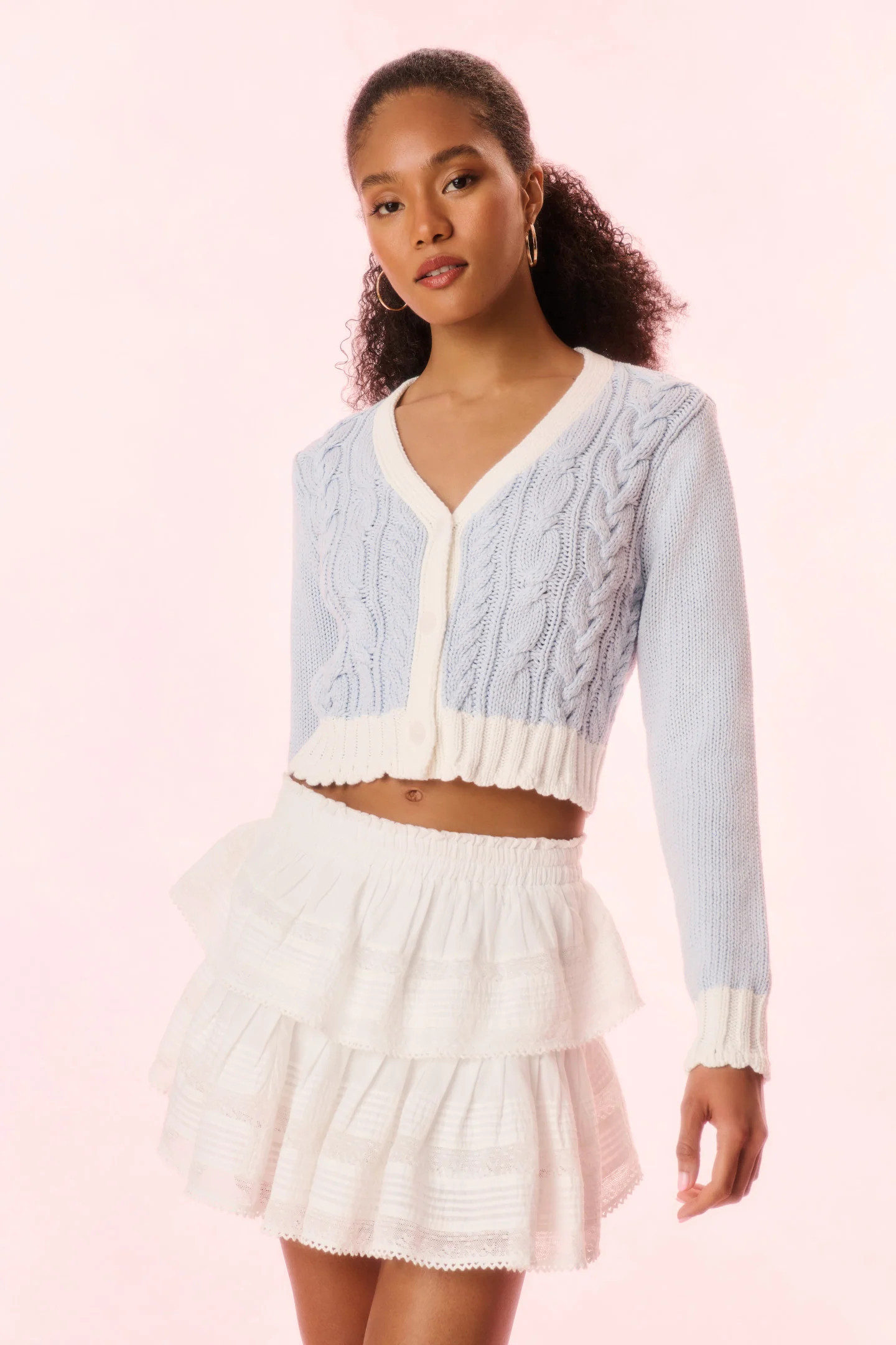 Hyacinth Cropped Cable Knit Cardigan - SUGAR SKY / L | LoveShackFancy