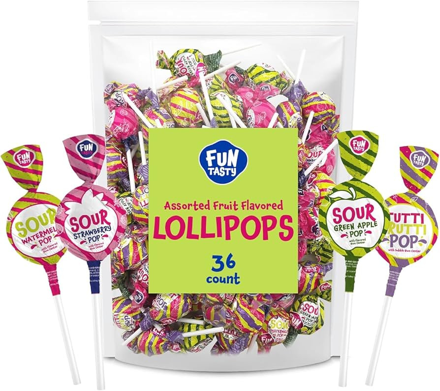 Gum-Filled Lollipops - Bulk Pack 2 Pounds (About 36 Count) Assorted Fruit Flavors - Sour Pops - A... | Amazon (US)