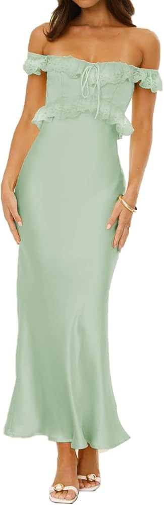 Satin Off The Shoulder Sleeveless Lace Trim Maxi Dress 2025 Summer Elegant Formal Bridesmaid Dres... | Amazon (US)