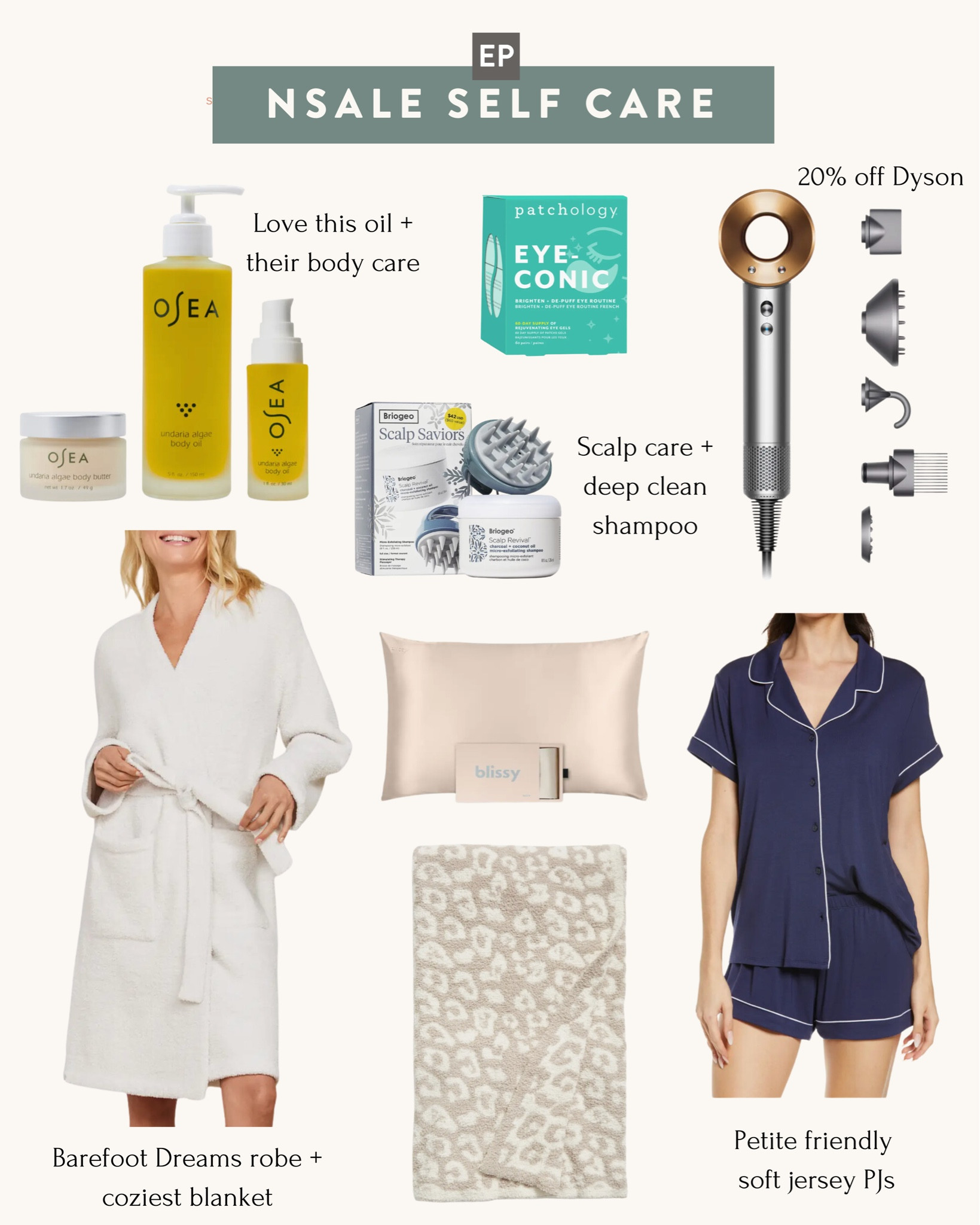 NSale self care picks!

• as someone who loves the OSEA algae body oil, the Nsale bundle is a great value for a full size bottle of the oil, plus a travel size bottle and a small body butter. You can read customer reviews about the oil on a separate page that sells only the oil.

I find the oil to be nourishing, softening, gives off a little glow and I personally love the scent and I’m not big on scented body products 

• barefoot dreams throw is a classic anniversary sale item. We have two and the kids love curling up in them too 

• briogeo scalp exfoliating shampoo with scalp massager tool. I have repurchased this shampoo many times for my oily scalp. I don’t use it every time, I switch it out and use this once a week. 

• gel eye patches, I also love these on a flight. 

• Dyson dryer 20% off

• the famous moonlight pajamas. I fit xxs. 

#LTKxNSale 

#LTKsalealert #LTKfindsunder100 #LTKbeauty