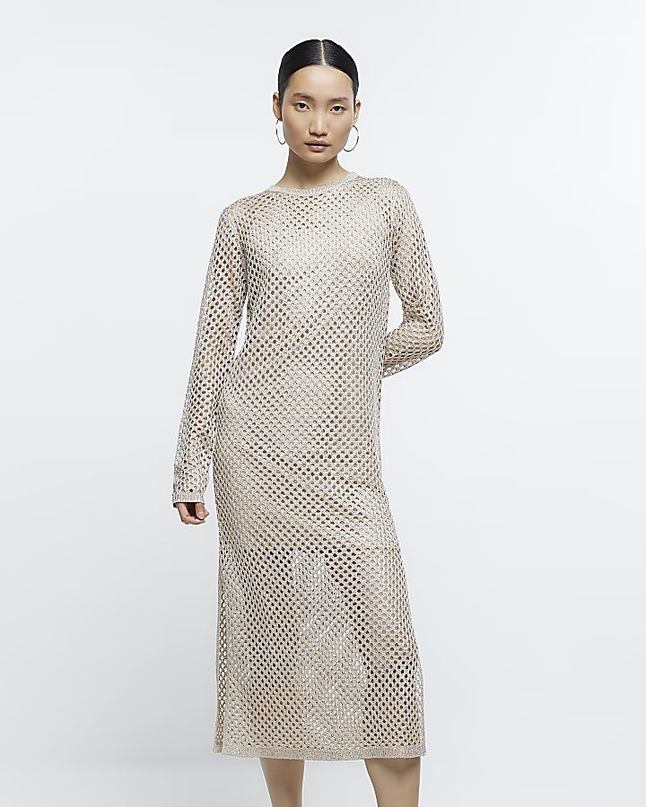 Gold knitted sequin jumper midi dress | River Island (UK & IE)