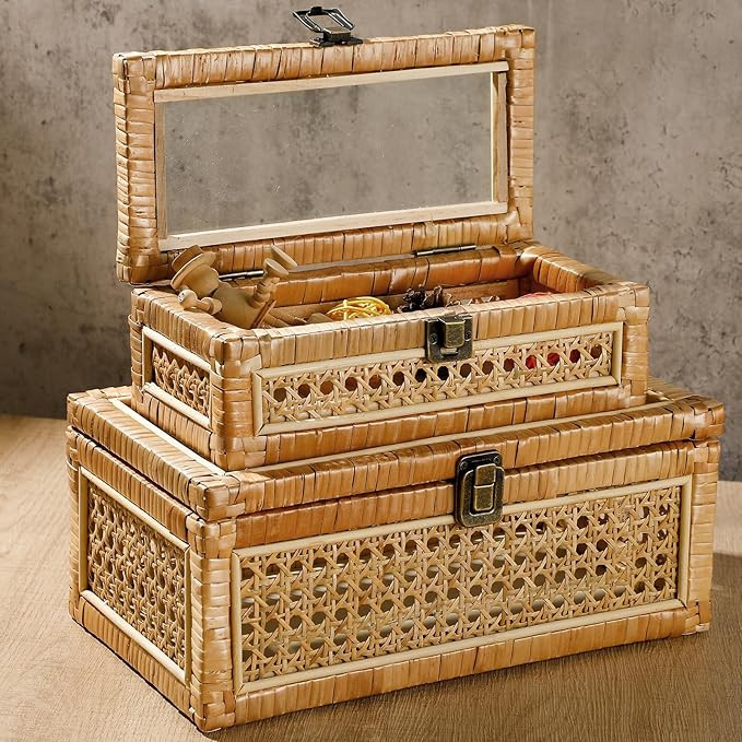 Set of 2 Boho Rattan Decorative Box with Glass Lid Rectangular Woven Cane Stacking Boxes for Disp... | Amazon (US)