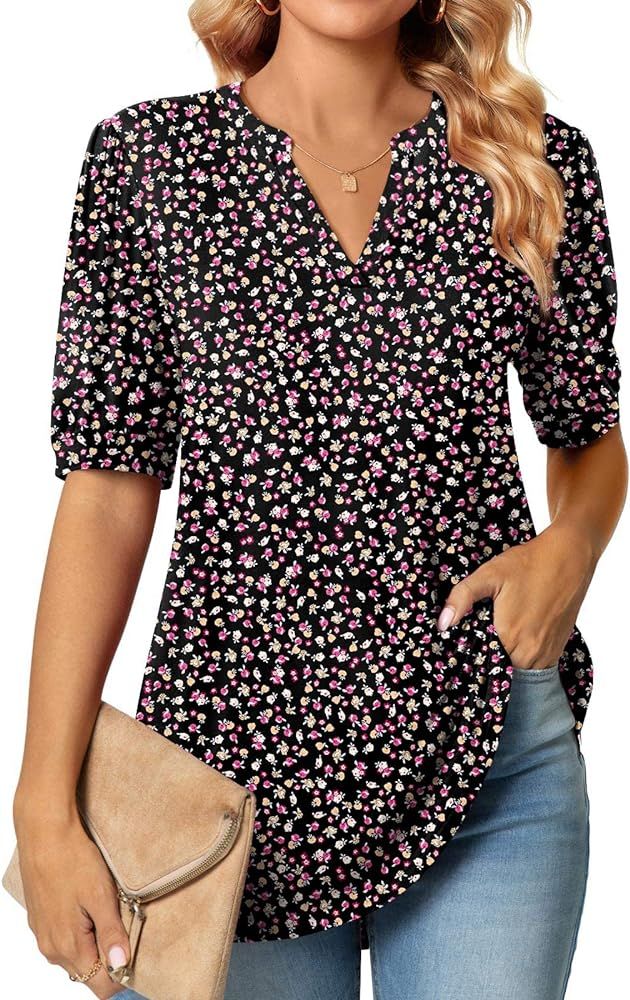 Anyally Womens Summer Puff Short Sleeve Tops Dressy Casual V-Neck T-Shirts Cute Blouse for Work | Amazon (US)