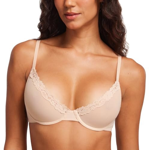 DOBREVA Women's Mesh Balconette Bra Sheer Demi Underwire Unlined Sexy Plus Size Plunge Bras Lace Trim Beige 36C | Amazon (US)