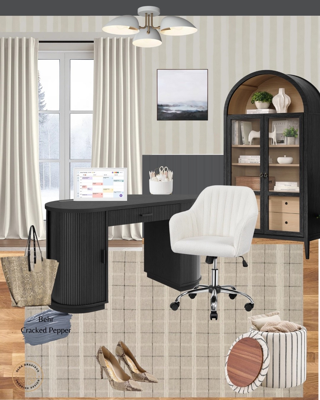 Cosy winter home office, who says that home office should be boring?! Gorgeous wallpaper, beautiful office chair, affordable desk, plaid rug, glass cabinet, striped storage ottoman, velvet curtain. #homeoffice #workfromhome

#LTKHome #LTKWorkwear #LTKSeasonal