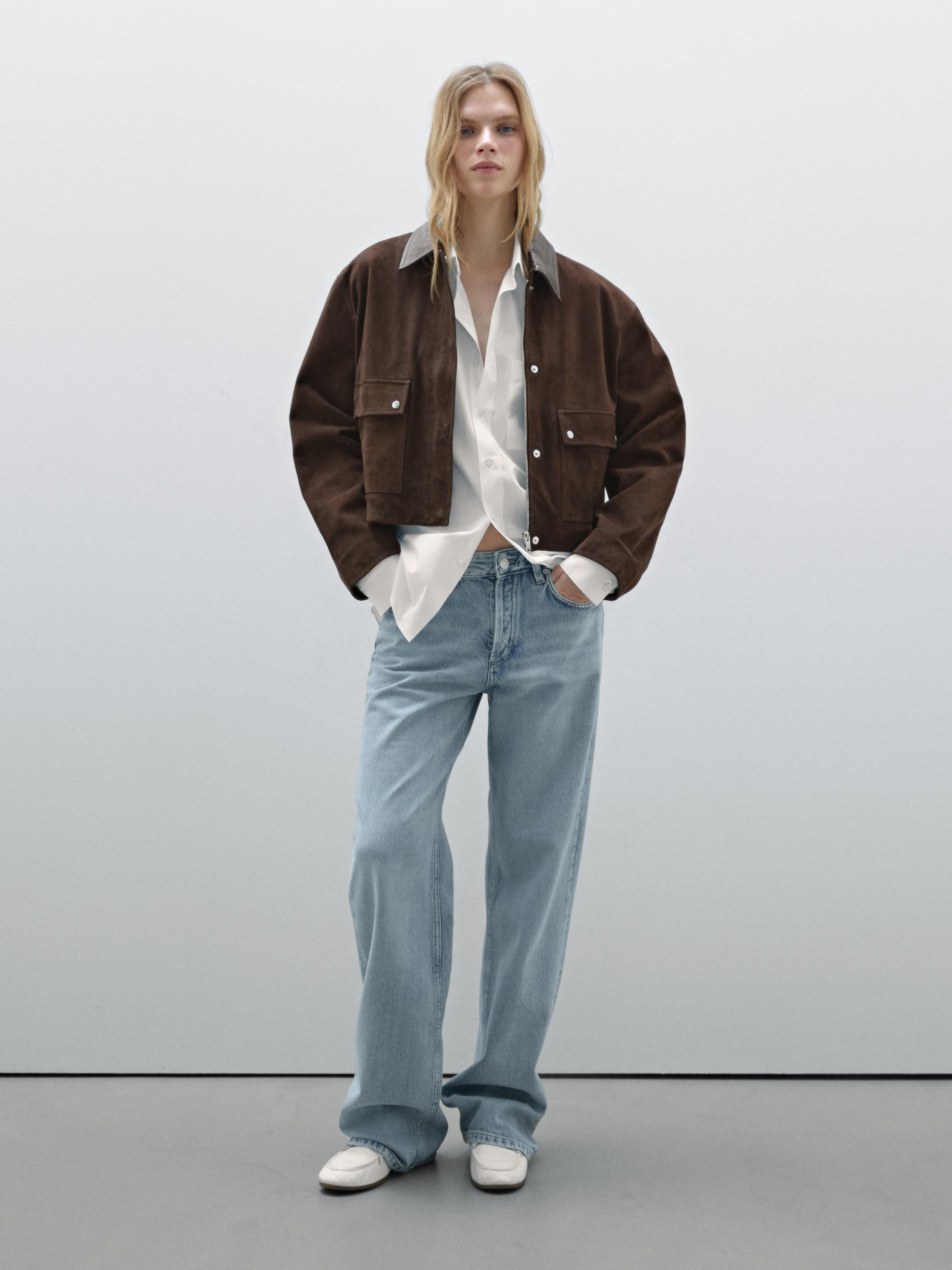 Short suede leather jacket with pockets | Massimo Dutti US