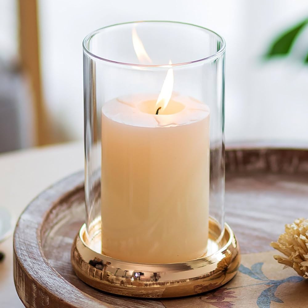 Sziqiqi Gold Hurricane Candle Holder - Clear Glass Pillar Candle Holder Cylinder Lantern with Met... | Amazon (US)