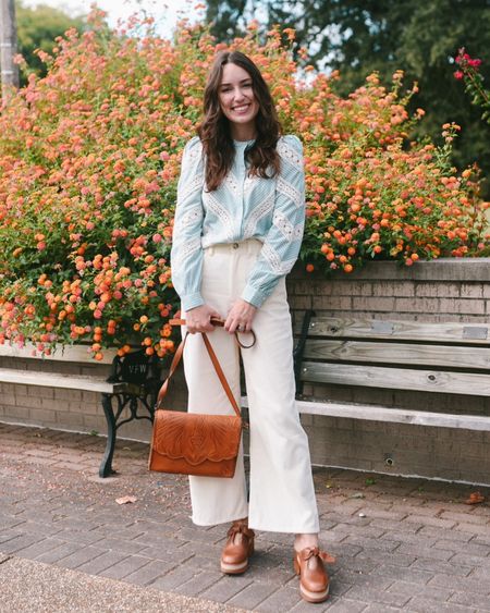 Sezane Fall Outfit: White le crop corduroy pants paired with a blue and white lace button down top. Both size 4. 

Bernardo heeled mules and a vintage inspire handbag complete the look!

#LTKSeasonal #LTKworkwear #LTKshoecrush
