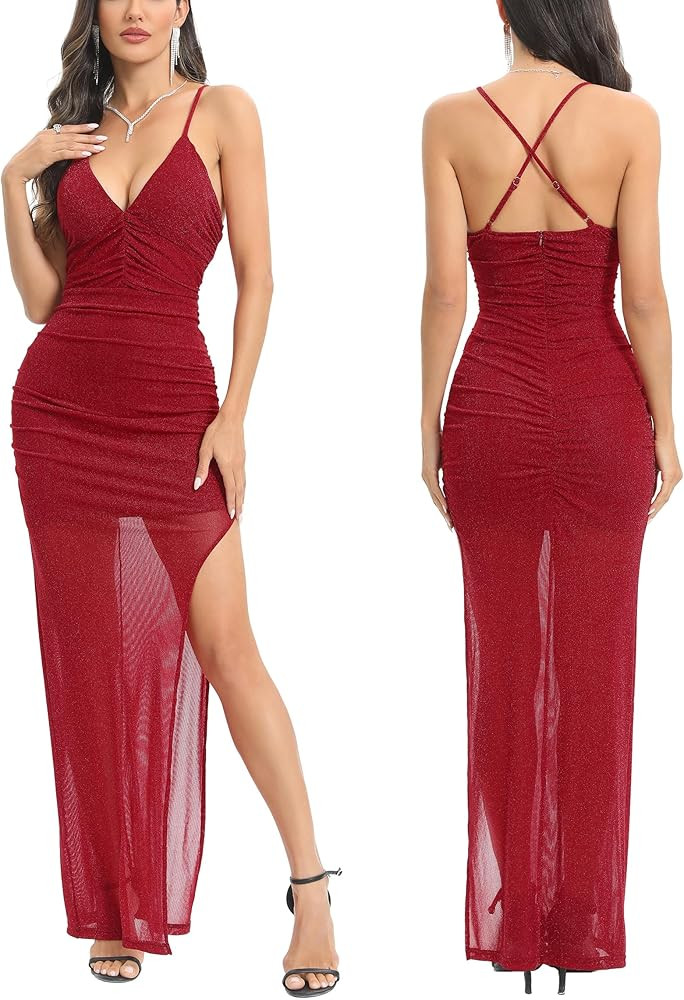 Capuffy Women's Spaghetti Straps Elegant Glitter V-Neck Cocktail Maxi Dress Thigh-High Slit Ruche... | Amazon (US)