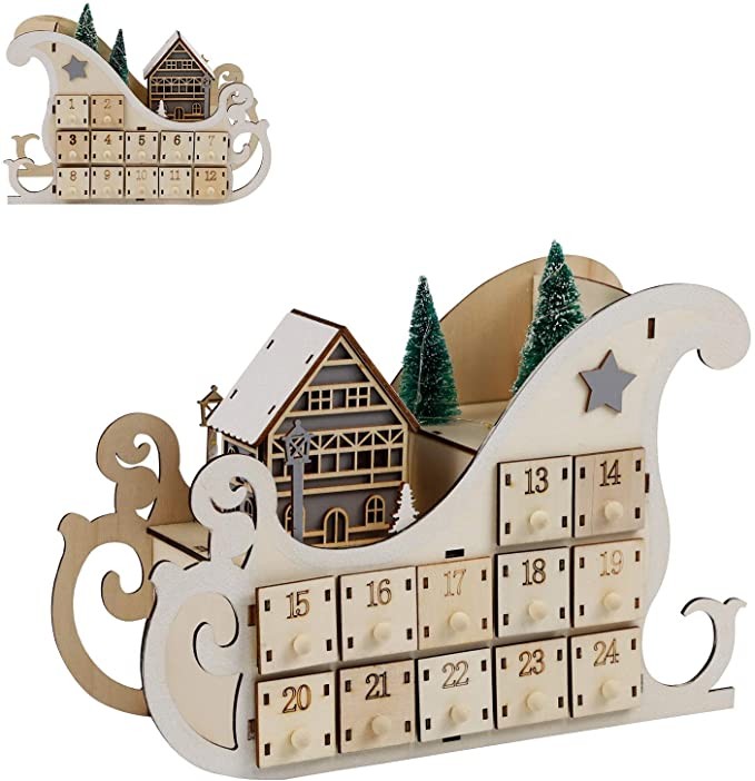MorTime LED Sled Advent Calendar Decorated with LED Lights and House, Lighted Wooden 24 Day Count... | Amazon (US)