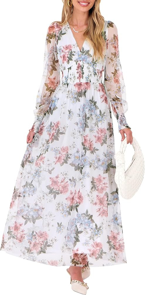 ANRABESS Women's Floral Maxi Dress 2025 Fall V Neck Puff Long Sleeve Flowy Casual Wedding Guest T... | Amazon (US)