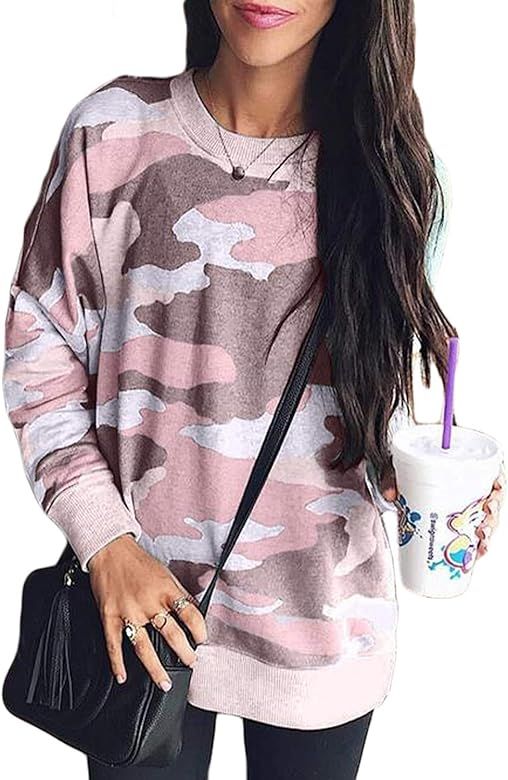 Women Long Sleeve Crewneck Pullover Camo Print Sweatshirt Jumper Top | Amazon (US)