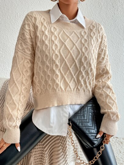 SHEIN Drop Shoulder Cable Knit Sweater Without Blouse | SHEIN