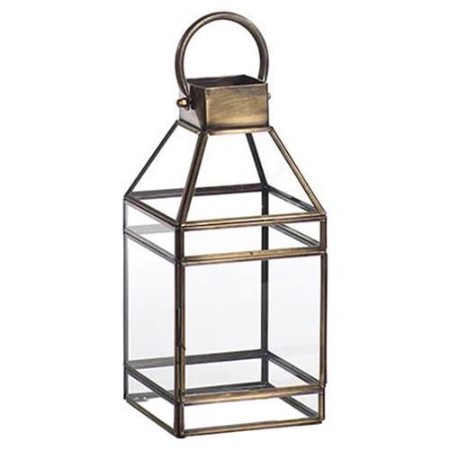 Trisha Mid Century Clear Glass Antique Brass Frame Lantern Candleholder - Small | Kathy Kuo Home