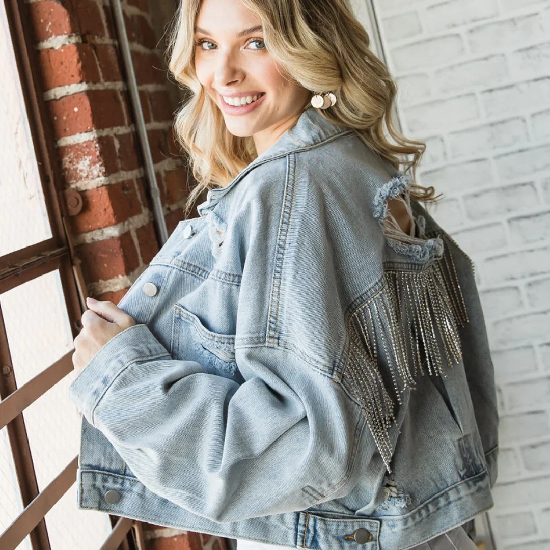 Rhinestones Fringe Blue Jean Jacket • Women’s Jacket • Oversized ripped jacket • Fringe R... | Etsy (US)