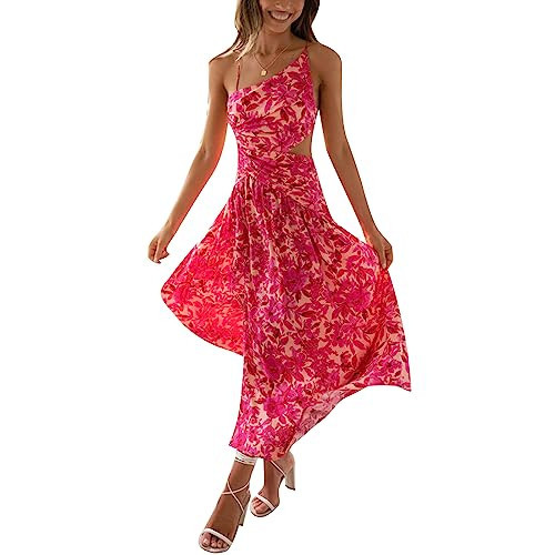 Women Summer Vacation Midi Dress Spaghetti Strap Cross Tie-Up Backless Sleeveless Dress Sexy High Slit Party Dress (Red Floral, S) | Amazon (US)