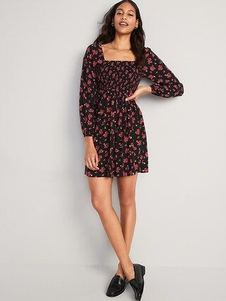 Fit & Flare Puff-Sleeve Floral Smocked Mini Dress for Women | Old Navy (US)