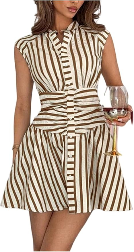 SOLY HUX Women's Striped Button Down Shirt Dress Elegant Ruched Cap Sleeve Mini Work Dresses with... | Amazon (US)