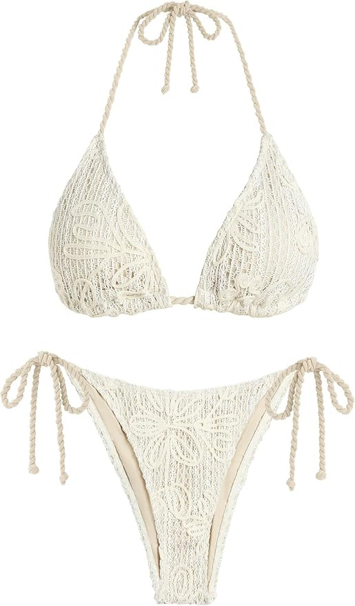 ZAFUL Crochet Triangle Bikini Halter Sting Bikinis Cute Cheeky Two Piece Swimsuit Sexy Bathing Su... | Amazon (US)