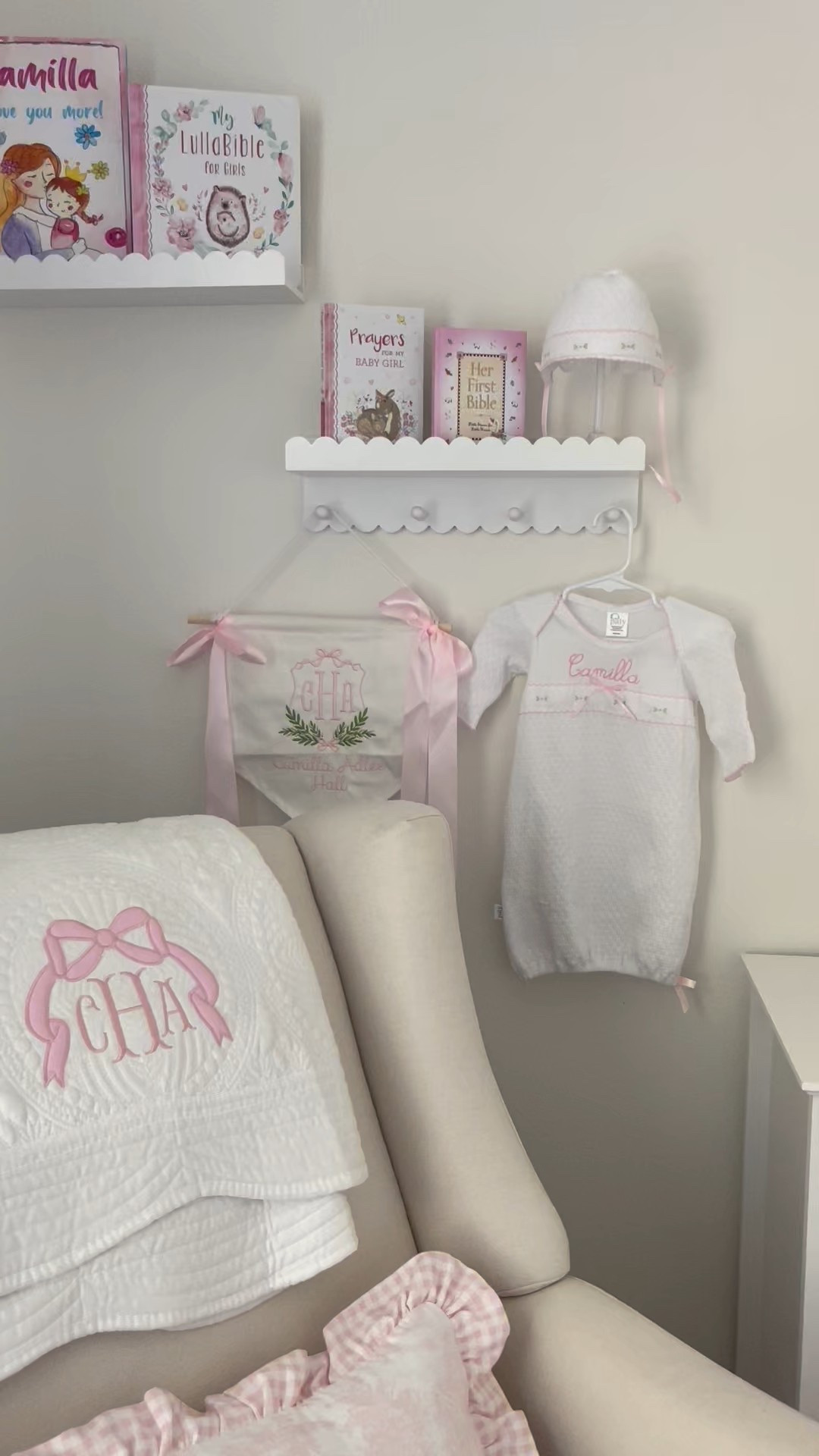 Newborn girl nursery , white scalloped wall book shelves 

#LTKHome #LTKBaby #LTKKids