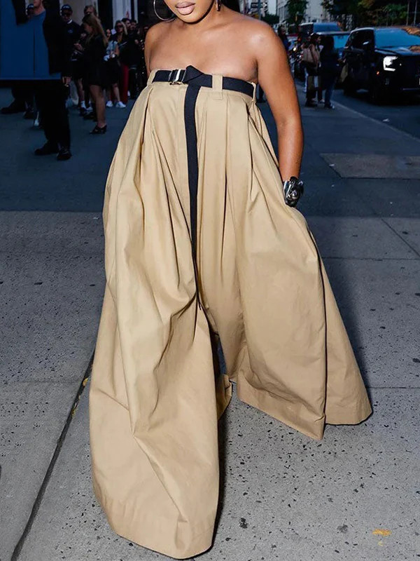 Ekartini Loose Sleeveless Belted Pleated Pockets Solid Color Tube Jumpsuits - BLUE / L | Shop.app