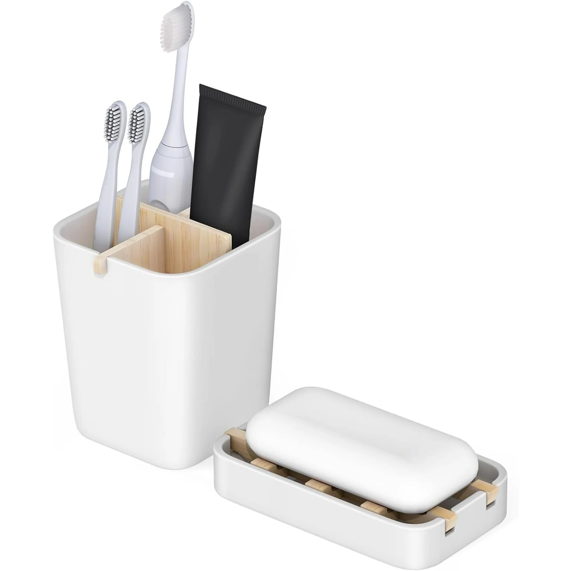 IWNTWY Toothbrush Holder and Soap Holder with Detachable Divider, Bamboo Bathroom Accessories Set... | Walmart (US)