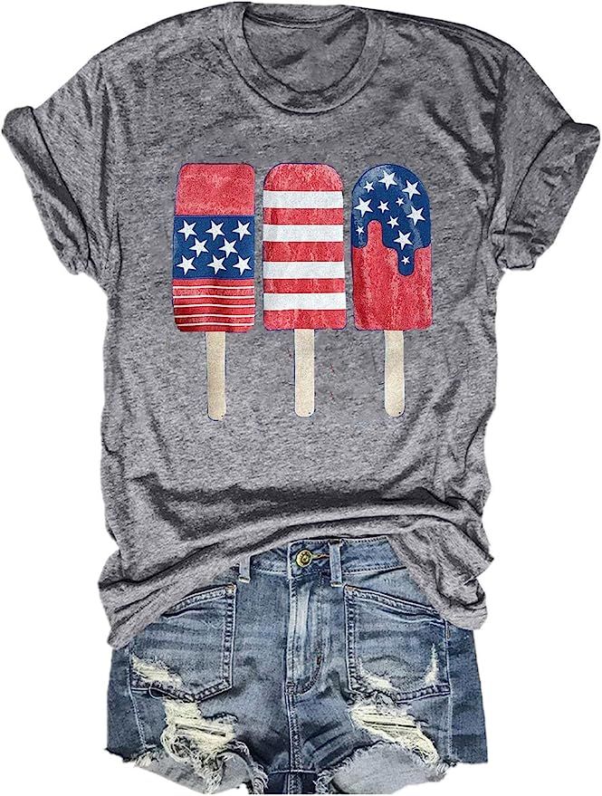 Woffccrd Womens American Flag Popsicle T-Shirts Tops 4th of July Patriotic Funny Graphic Tees | Amazon (US)