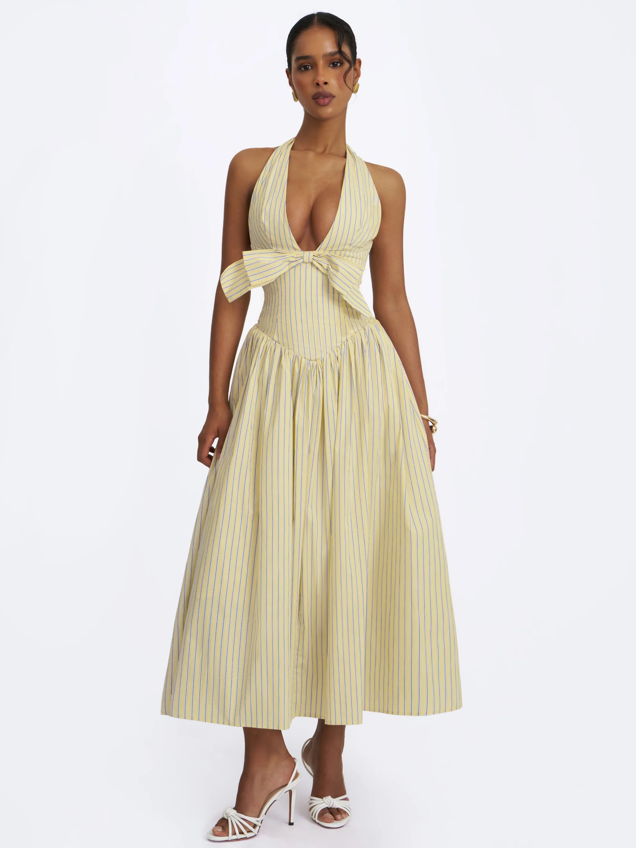 Talise Lemon Yellow Cotton Poplin Stripe Plunging Halter Maxi Dress | Miss Circle
