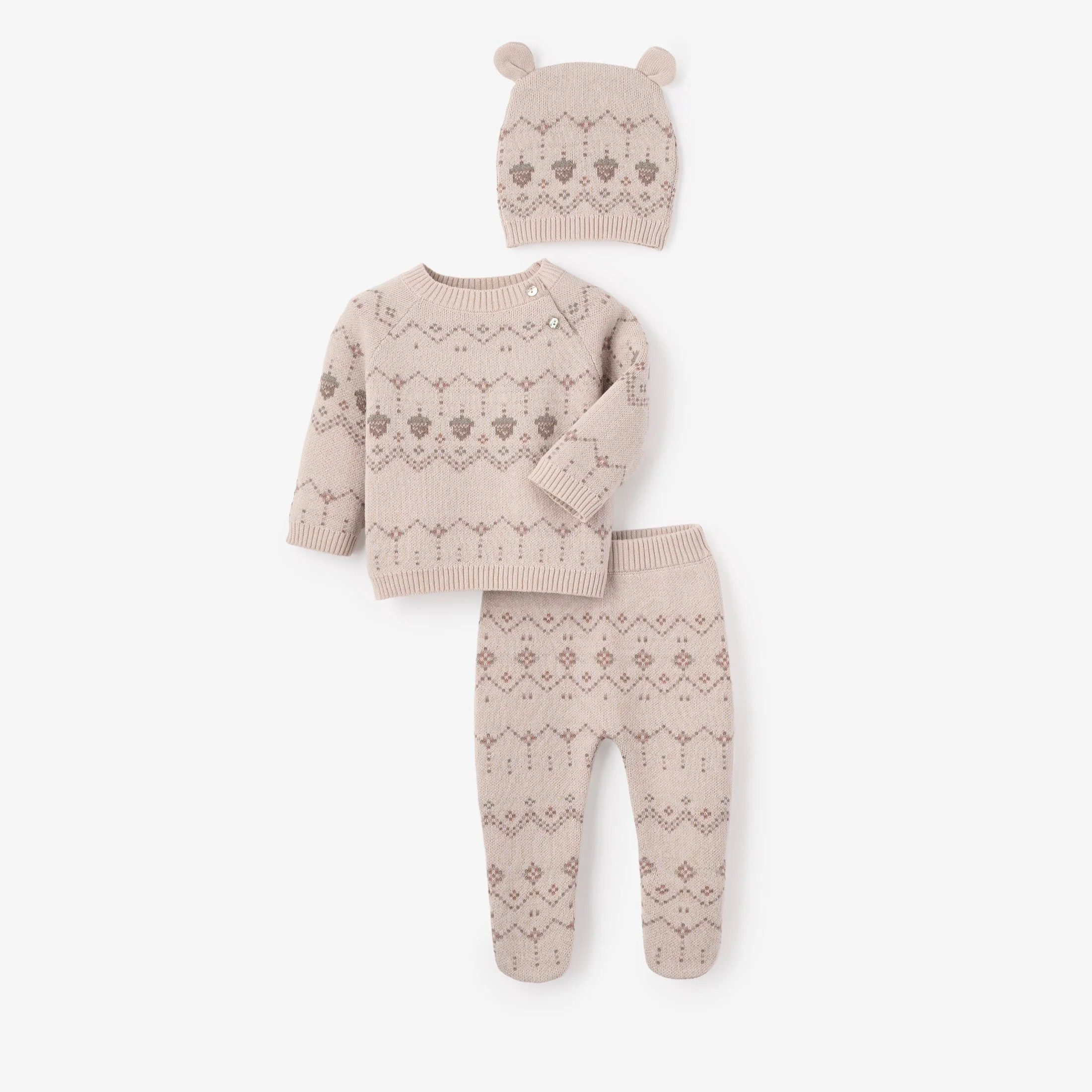 Acorn Fairisle Sweater, Footed Pant + Hat Set 3pc | Elegant Baby
