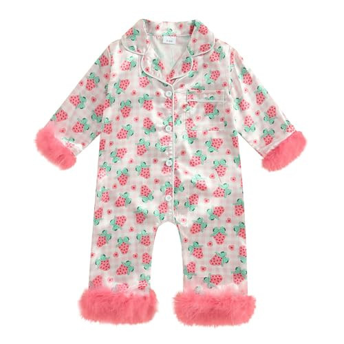 Newborn Baby Girl Pajamas Long Sleeve Romper One Piece Jumpsuit Button Down Nightgown Infant Silk Pjs Baby Sleepwear (A Strawberry-Pink, 6-12 Months) | Amazon (US)