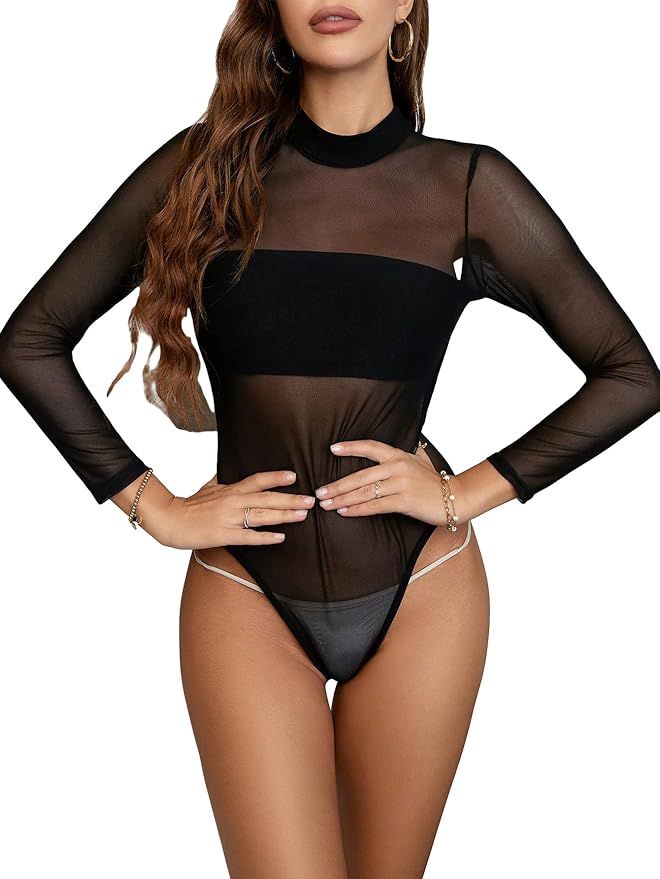 OYOANGLE Women's Mock Neck Long Sleeve Backless Sheer Mesh Party Clubwear Bodysuit Top | Amazon (US)