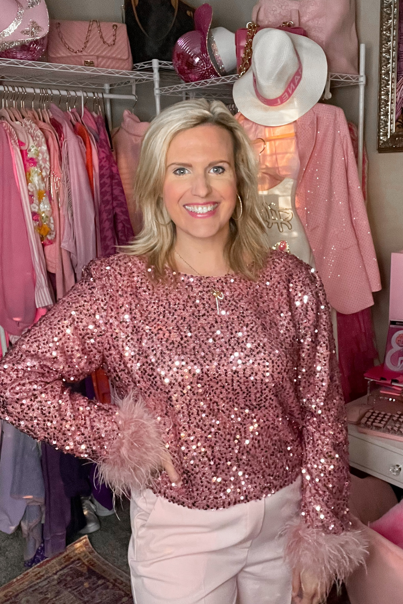 Pink sequin top
Holiday party outfit
Sequin and feather top
Pink workwear pants
Gold hoop earrings 
NYE outfit
Date night outfit
Girls night outfit
Party outfit
Pair with skirt, leggings or jeans 

#LTKparties #LTKHoliday #LTKsalealert