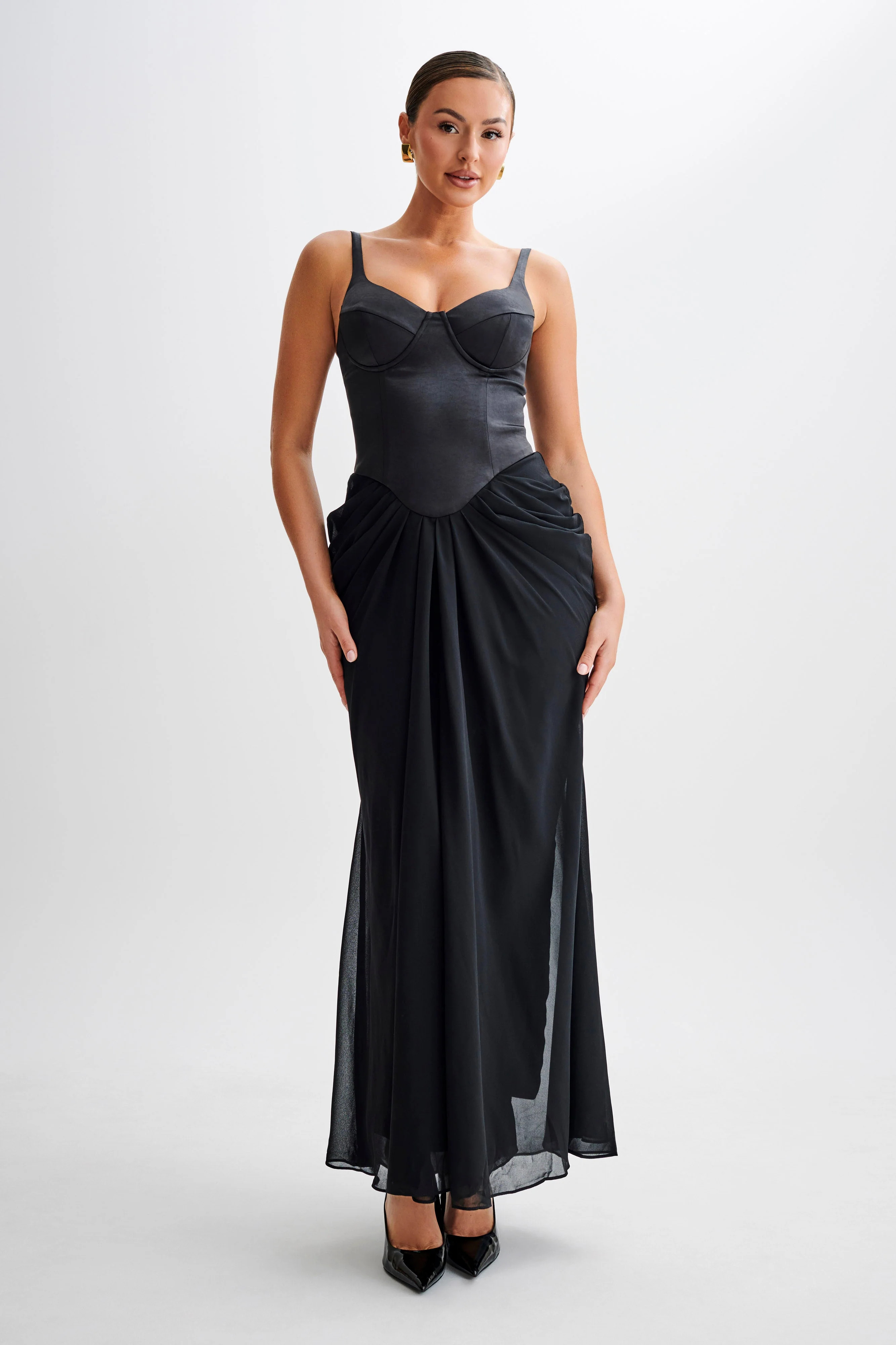 Leila Satin Corset Maxi Dress - Black | MESHKI US