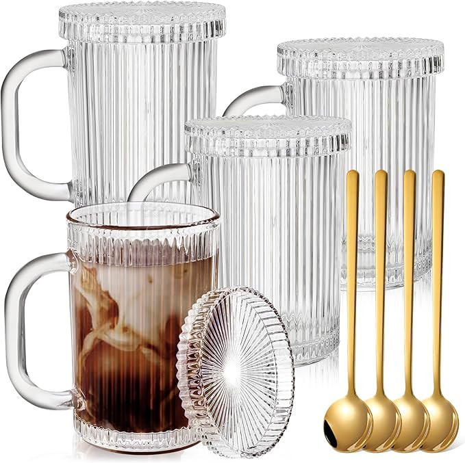 4 Pack Glass Coffee Mugs with Lid and Spoon, 13oz Ribbed Vertical Stripes Tea Cup, Classic Clear ... | Amazon (US)