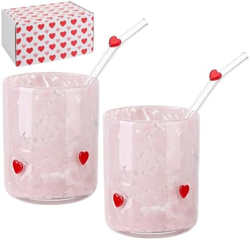 2 Pcs Valentine's Day Icon Juice Glass 14 oz Heart Reusable Stemless Icon Drinking Glasses Cups f... | Amazon (US)
