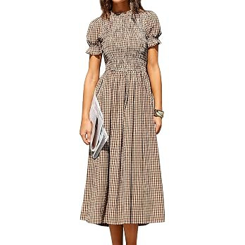 RIHOAS Plaid Gingham Midi Dress Short Sleeve Smocked Dresses for Women | Amazon (US)