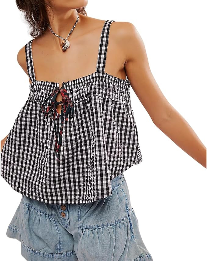 Women Gingham Top Tie Front Plaid Tank Top Y2k Sleeveless Babydoll Aesthetic Streetwear | Amazon (US)