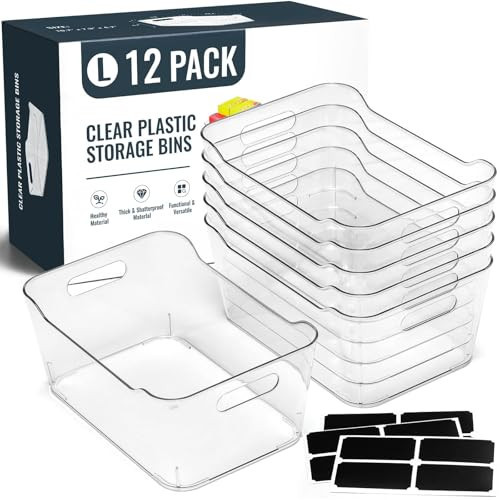 12 PACK Multi-Use Clear Plastic Storage Bins for Organizing w/Labels - Home, Kitchen, Pantry, Bathroom, Office, Cabinet Shelf Organizer Bins - SOHO Collection, RV, Fridge Organization Containers - L | Amazon (US)