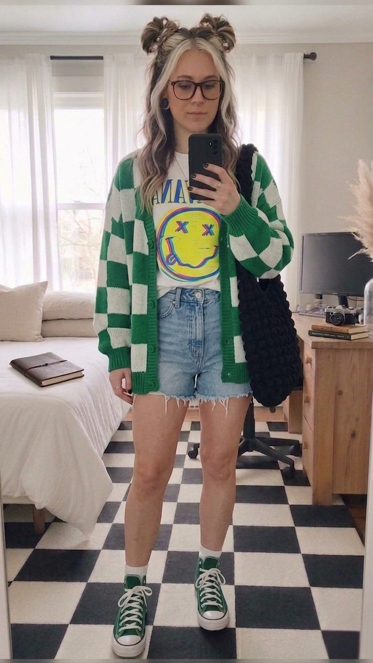 Transition into the new season with this perfect mix of cozy and edgy! This look centers around the viral checkered cardigan in a vibrant kelly green—a total must-have for your spring wardrobe. I’ve paired it with a distorted Nirvana graphic tee for those retro-grunge vibes and my go-to raw-hem denim shorts.

To finish the look, I added the forest green high-top Converse (they literally go with everything) and the TikTok-famous black popcorn tote bag. It’s the perfect "running errands but making it fashion" aesthetic.

#LTKMidsize #LTKSeasonal #LTKootd