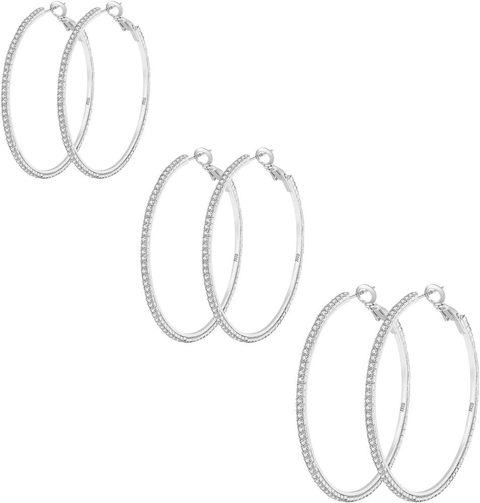 925 Sterling Silver Earrings Large Rhinestone Hoop Earrings Big Cubic Zirconia Hoop Earrings Thin... | Amazon (US)