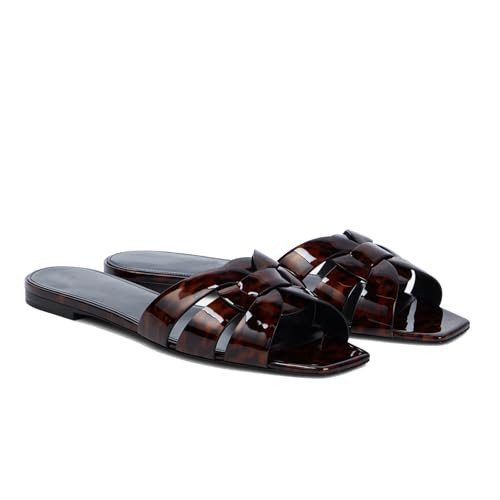 THESHY Women's Flat Sandals Square Toe Patent Leather Comfortable Slip on Slippers Casual Summer Dressy Beach Slide Sandals for Women | Amazon (US)