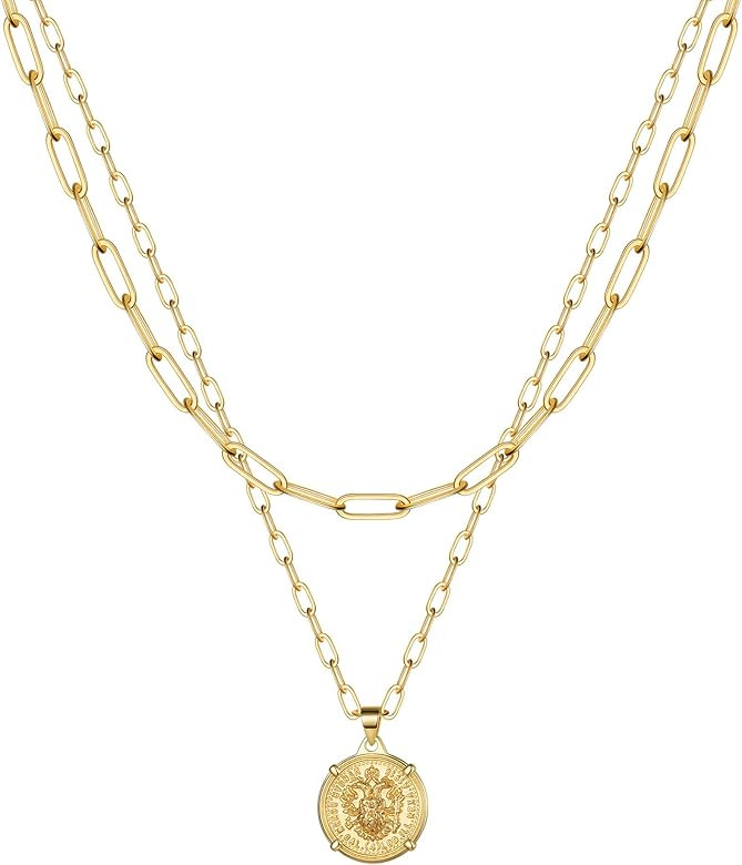 IEFSHINY Gold Layered Chain Necklaces for Women, 14K Gold Plated Butterfly Bar Coin Pendant Neckl... | Amazon (US)