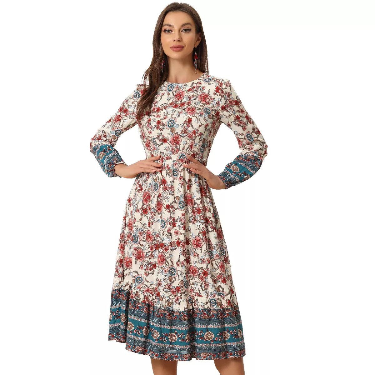 Allegra K Women's Boho Floral Long Sleeves Midi Dress | Target