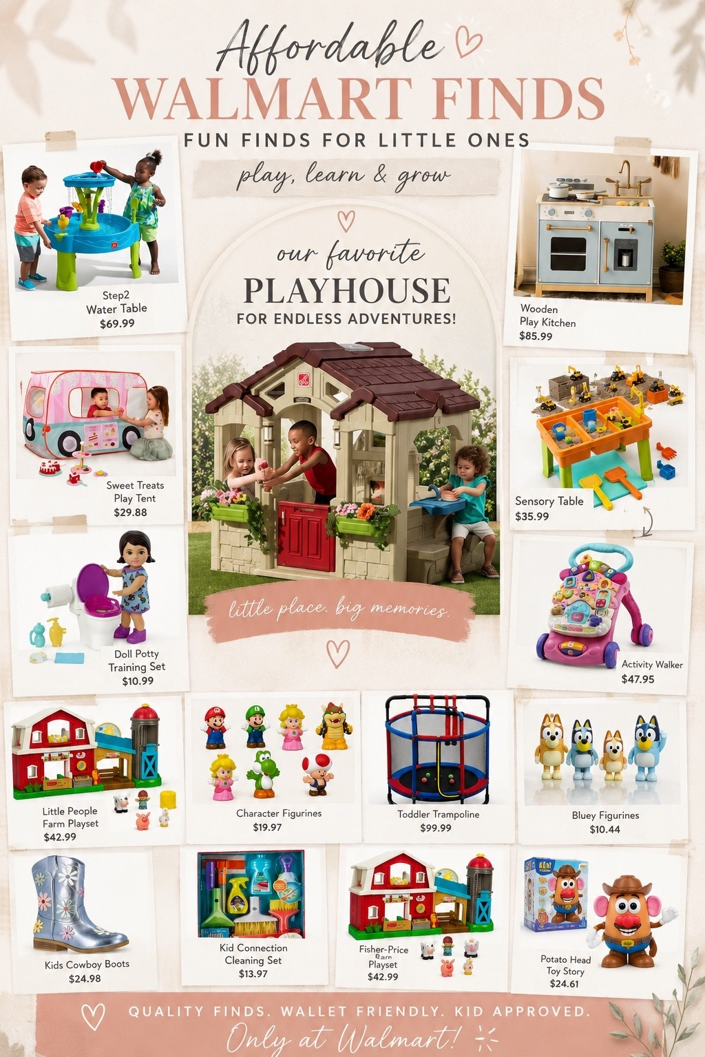 ✨ Affordable Walmart Finds for Little Ones ✨

If you’re shopping for birthdays, rainy days, or just looking to keep little ones entertained without breaking the bank, these Walmart finds are too good to pass up! 🤍

From the adorable playhouse (my favorite!) to play kitchens, water tables, sensory toys, and pretend play essentials—there are so many budget-friendly gems to spark creativity and hours of fun.

🛒 Which one would your little one love most? Tell me in the comments! And don’t forget to save this post for your next Walmart trip. 💛

#WalmartFinds #AffordableKidsToys #BudgetFriendlyFinds #PlayroomInspo #ToddlerMom #KidsActivities #PretendPlay

#LTKBaby #LTKHome #LTKKids