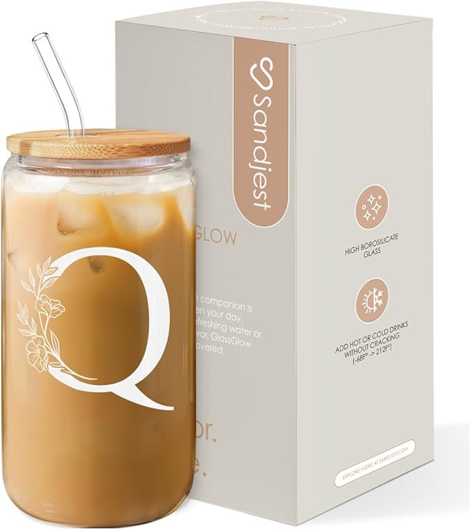 SANDJEST Monogrammed Gifts for Women - Monogram Q Initial Glass Cup 16 Oz Can Coffee Cups with Li... | Amazon (US)