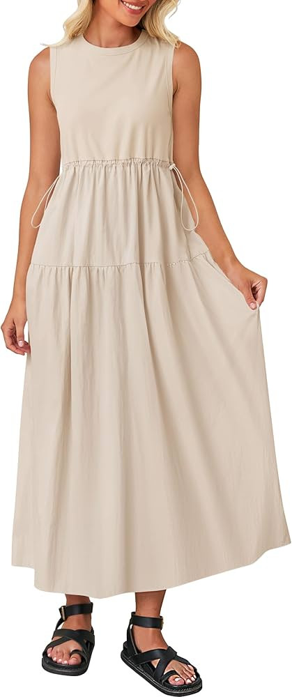 ZESICA Women's 2024 Summer Sleeveless Midi Dress Casual Crewneck Drawstring Waist Flowy Long Dres... | Amazon (US)