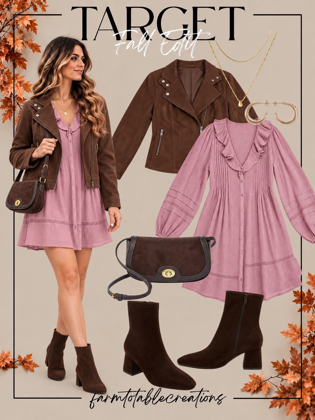 Your Next Fall Outfit Is Calling 🤎

Dusty rose and chocolate brown make such a pretty fall pairing! Style this ruffle dress with a moto jacket, ankle boots, and a matching shoulder bag for an easy outfit for brunch or date night. Gold jewelry adds the perfect finishing touch.