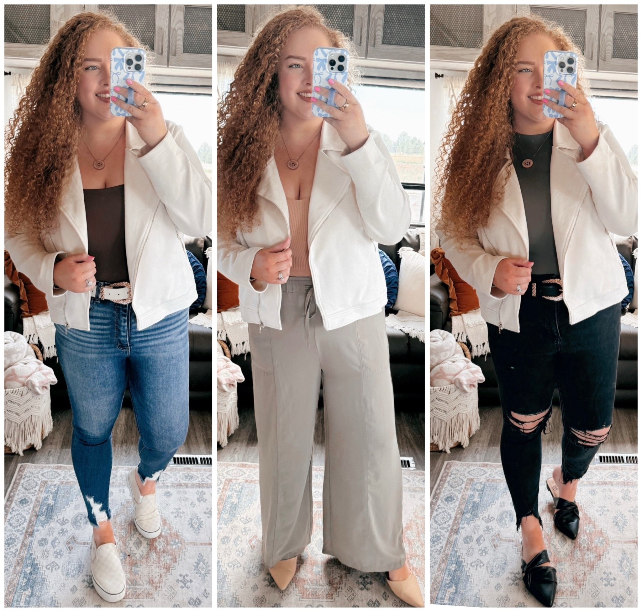🖤 One moto jacket, three looks ⚡️This Amazon staple is such a vibe for fall 🥰Edgy, timeless, and super versatile! 
🤍amazon moto jacket | amazon cream moto jacket | amazon fall jacket | fall outfit  | vans | checkered vans | bodysuit | amazon bodysuit | brown bodysuit | amazon fall outfit | casual fall outfit | amazon fall casual outfit | skinny jeans | curvy jeans | buckle jeans | amazon fashion | amazon finds | amazon look | amazon outfit | fall outfit | fall look | fall fashion | fall finds | fall outfit inspo | fall fashion inspo | fall 2025 | green pants | Amazon green pants | green dress pants | Amazon green dress pants | neutral tank top | mules | Amazon mules | black skinny jeans | black jeans outfit | green bodysuit | Amazon green bodysuit | black mules | Amazon black mules | fall office outfit 

#LTKSaleAlert #LTKMidsize #LTKautumn