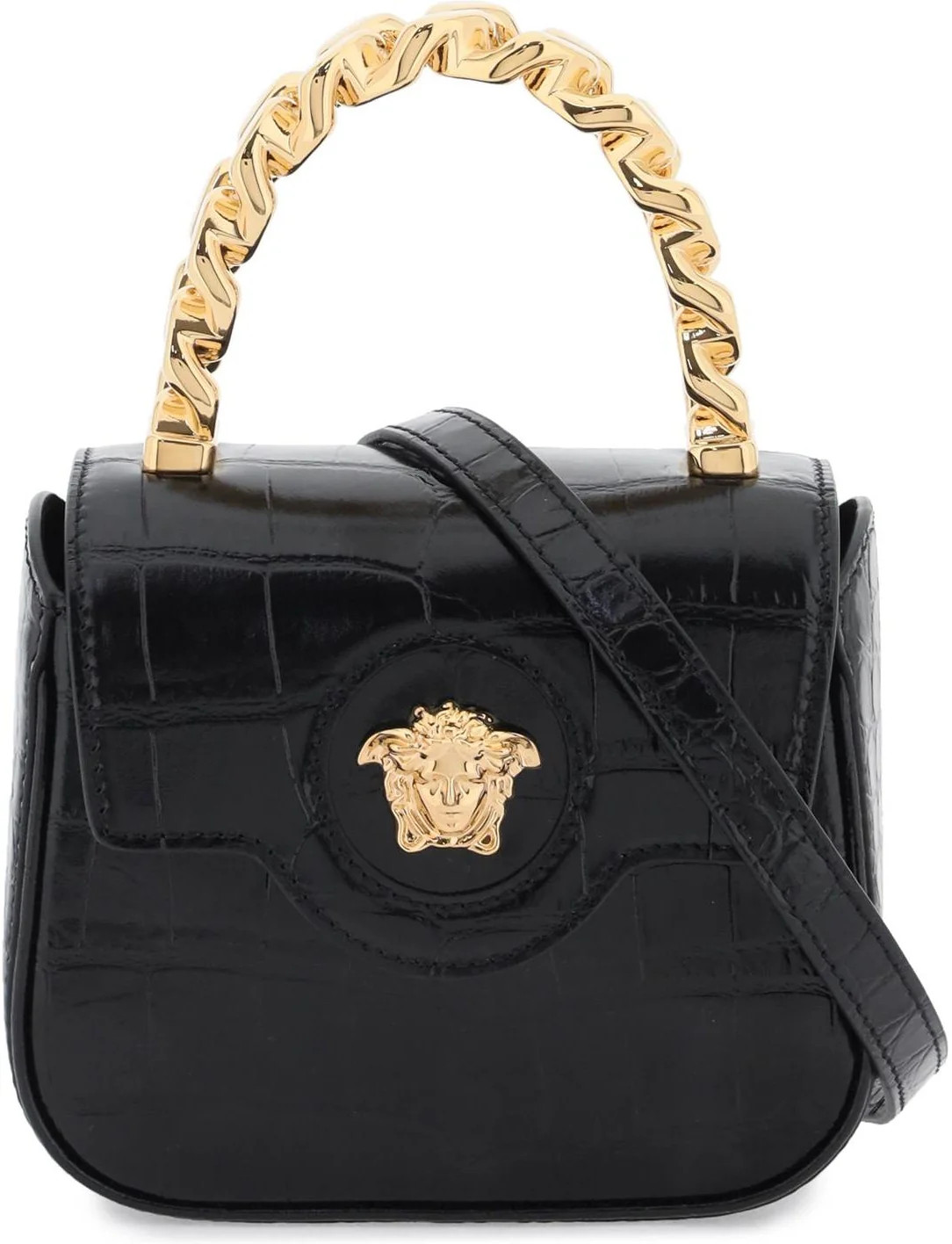 Versace Women's Croco-Embossed Leather 'la Medusa' Mini Bag in Black | 10030161A08724 | LOZURI